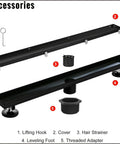 Components of Black Slick 28 Inch Linear Shower Drain With Flat And Tile Insert 2 In 1 Panel Hair Strainer And Leveling Feet