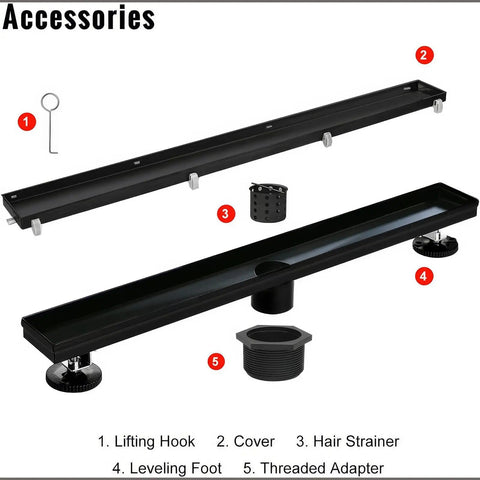 Components of Black Slick 28 Inch Linear Shower Drain With Flat And Tile Insert 2 In 1 Panel Hair Strainer And Leveling Feet