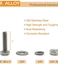 MR. ALLOY stainless 1/4-20 bolts, nuts, and washers kit; front view with 1 in bolt, flat washer, lock washer, and nut
