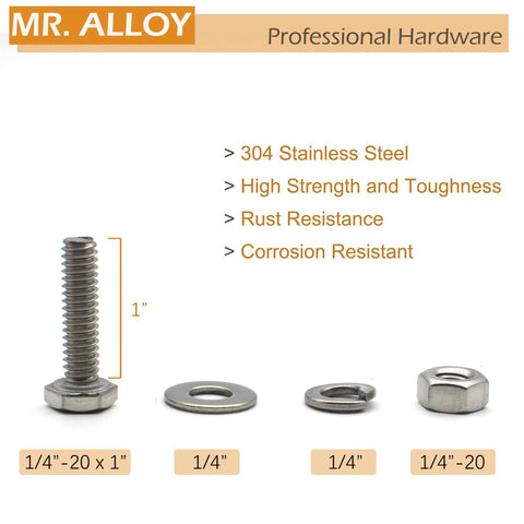 MR. ALLOY stainless 1/4-20 bolts, nuts, and washers kit; front view with 1 in bolt, flat washer, lock washer, and nut