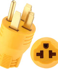 Real Deal NEMA 14 To 50P Male Converter That Slaps Right On Dryer Or RV Inlets, yellow plug adapter for 240V power use.
