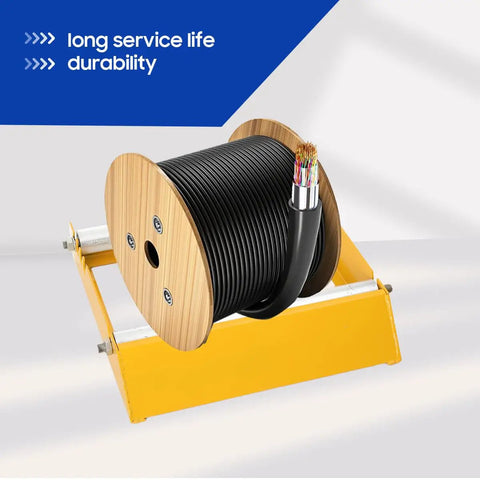 Rock Solid Heavy Duty Cable Drum Roller Stand Smooth Rolling Wire Reel Dispenser with black wire on yellow frame