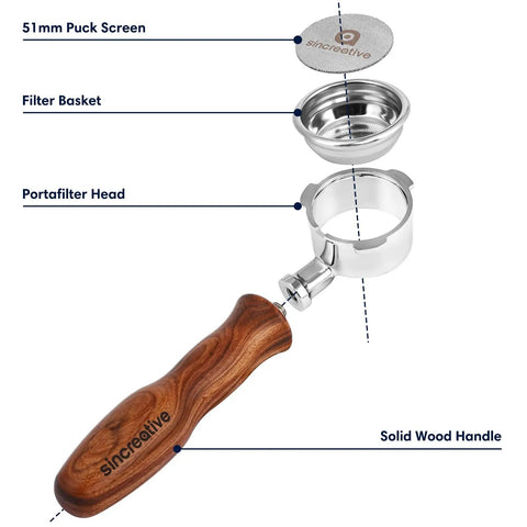 51mm Bottomless Espresso Portafilter With Three Ear Design Pro Grade Build Includes Double Cup Filter Basket And Puck Screen