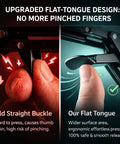 Comparison of old straight buckle and upgraded flat-tongue design for ergonomic safety in hardware use.