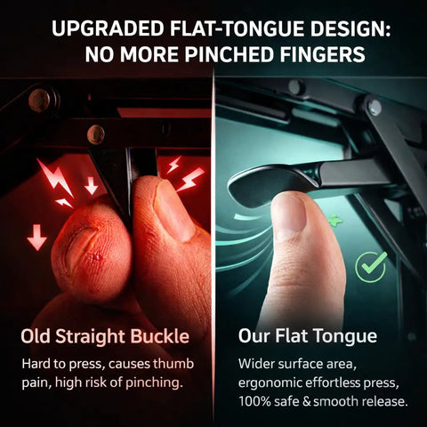 Comparison of old straight buckle and upgraded flat-tongue design for ergonomic safety in hardware use.