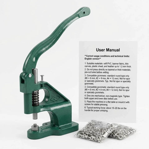 Heavy Duty Hand Press Eyelet Grommet Kit With Three Die Sizes 0 2 4 And 1500 Silver Grommets, includes hand press and instructions