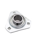 Rugged Stamped Steel Housed Bearing Unit With Setscrew Locking And 3-Bolt Flange, 25mm Bore, Built For Heavy Duty Machinery, Durable AISI 52100 Chrome Steel Body, Low Maintenance, Long Life Bearings, front view