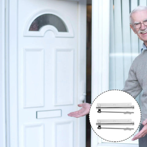 Person standing by door displaying 2 Pack Automatic Door Closer With Folding Support Arm Stainless Steel And Aluminum Alloy Silver Finish