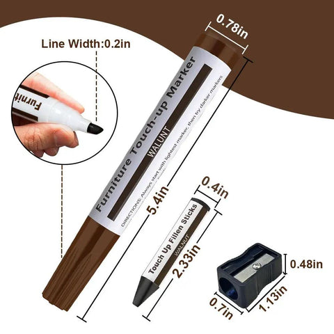 Knock Out Those Dang Scratches With This Legit Furniture Repair Set with walnut touch-up marker and sharpener.