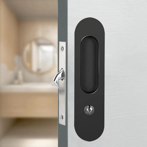 6.8 Inch Privacy Pocket Door Lock Hardware With Key Sliding Pocket Door Handle, durable black finish on interior door.