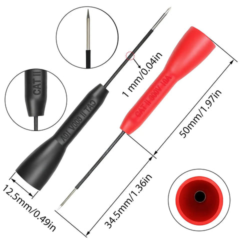 4 Pack 2mm Extended Needle Test Probes 600V 10A Insulation Piercing Tips Stainless Steel Multimeter Probe Leads