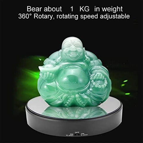 Mirror Surface Motorized Turntable Display Stand With 360 Degree Rotary Motion And Adjustable Speed showcasing a jade Buddha figurine.