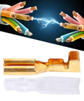 100 Pair Spade Wire Connectors Set With 2 8mm Gold Brass Crimp Terminals in use with colorful wires and spark effect