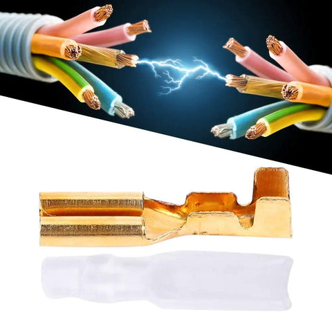 100 Pair Spade Wire Connectors Set With 2 8mm Gold Brass Crimp Terminals in use with colorful wires and spark effect