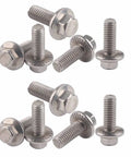 Super Heavy Duty M6 Stainless Steel Hex Flange Bolts Set With 304 Grade Rust Resistant Fasteners In Five Versatile Lengths stacked in groups.