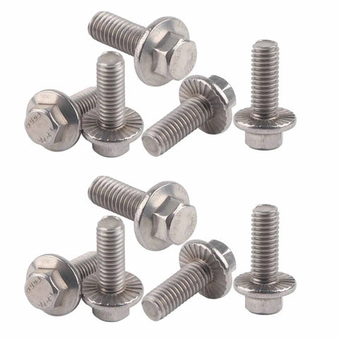 Super Heavy Duty M6 Stainless Steel Hex Flange Bolts Set With 304 Grade Rust Resistant Fasteners In Five Versatile Lengths stacked in groups.
