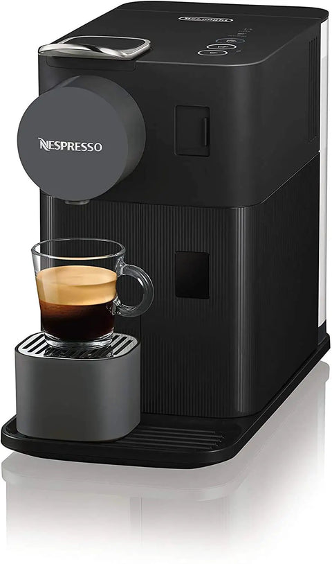 Zero Stress Single Serve Coffee Brewer With Built In Milk Frother For Rich Latte Perfection, sleek black with espresso cup.