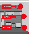 Diagram showing installation options for Tough Steel Dual Arm Air Hose Reel on wall, ceiling, and floor.