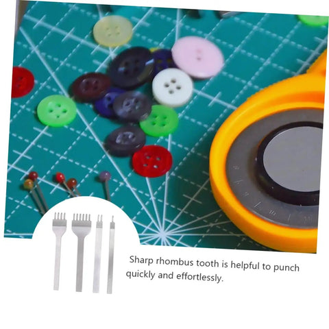 8-Piece Leather Craft Tool Kit With Sharp Rhombus-Tooth Punches on crafting mat with colorful buttons and rotary cutter