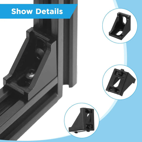 Close-up of 40 Piece Black 2020 Series Aluminum Extrusion Connector Kit with corner bracket and T-slot, perfect for 20mm rails.