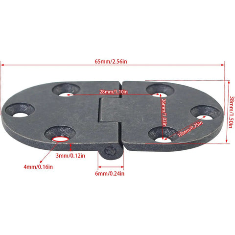 Rock Solid Zinc Alloy Flat Fold Table Hinges 2 Pack Smooth Flip Top Furniture Hardware showing dimensions and mounting holes.