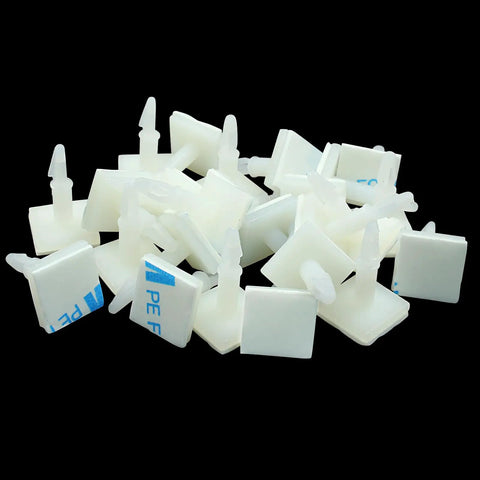 White Adhesive PCB Spacer Set 25 Pcs Nylon Standoffs With Sticky Base 12.4mm High Support For 3mm Hole Circuit Boards Insulated Mounting Spacers Durable Plastic Anchors For DIY Electronics on a black background, showing adhesive side and standoff design.