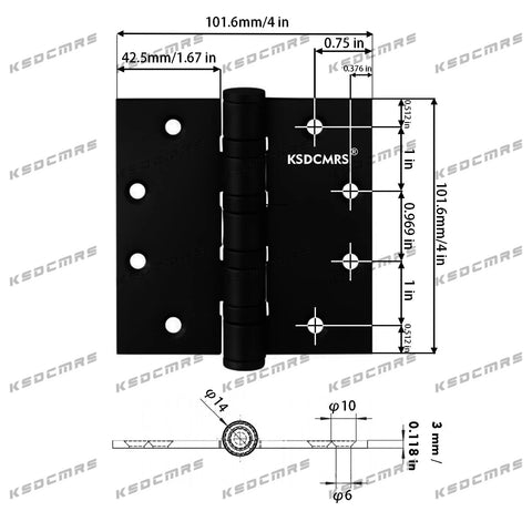 Front view of 4x4 inch black door hinge with ball-bearing pin; heavy-duty square-corner, for residential/commercial doors, 4-pack.