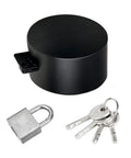 Black stainless steel door handle lockout device with silver padlock and keys for home security and kidproofing