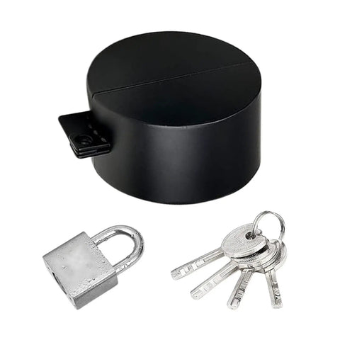 Black stainless steel door handle lockout device with silver padlock and keys for home security and kidproofing