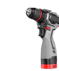Pro Grade Cordless Brushless Impact Drill With Rock Solid Metal Ratchet Chuck Two Speed Heavy Torque Motor Household Power Screwdriver Tool For Hard Knock Jobs side view showing metal chuck and ergonomic grip.
