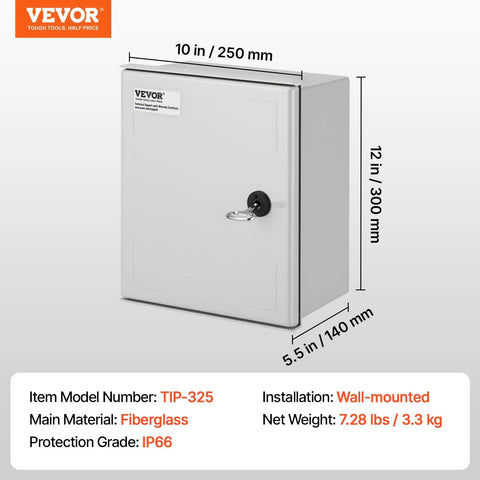 Heavy Duty Fiberglass Electrical Enclosure Box 12X10X6 Inch IP65 Waterproof And Dustproof Outdoor Junction Cabinet With Rubber Gasket And Mounting Bracket Built Like A Tank shown from front view with dimensions