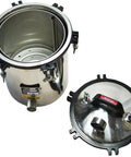 OLizee electric heated autoclave steam sterilizer with stainless steel shell, 4.7 gal capacity, front view with lid off