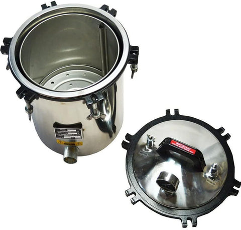 OLizee electric heated autoclave steam sterilizer with stainless steel shell, 4.7 gal capacity, front view with lid off