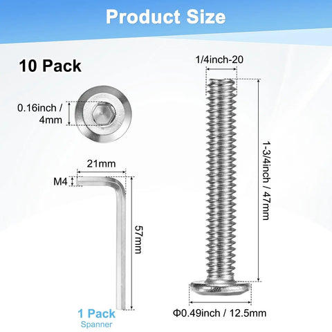 Sweet 10 Pack Flat Head Socket Cap Screws 1/4-20 X 1-3/4 Inch Hardcore 304 Stainless Steel Hex Drive Fastener Kit Includes Hex Key Totally Rad For Machine Furniture Automotive Marine Projects Full Thread UNC Hexagon Bolts Ready Now, size chart with hex key