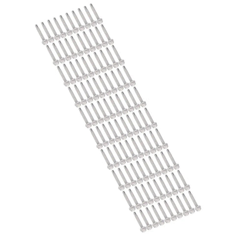 Self Drilling Screw Kit 100 Pieces Stainless Steel Hex Washer Screws and Self Tapping Screws arranged in rows