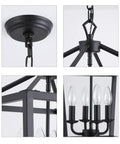 Close-up details of Farmhouse Rustic Black Lantern Chandelier Hanging Light Fixture With Four Lights for kitchen and dining.