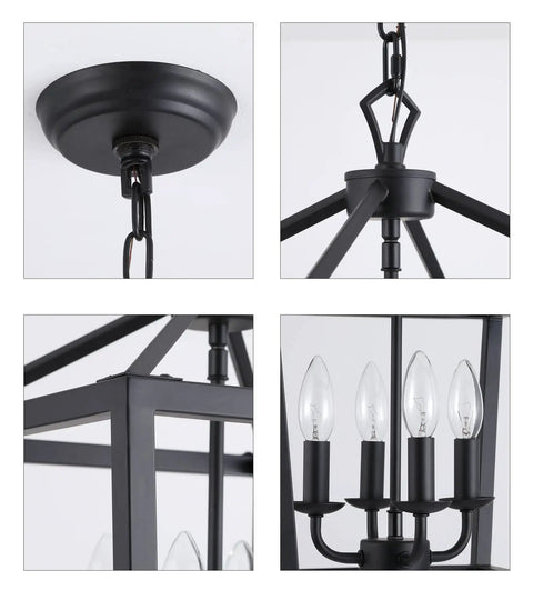 Close-up details of Farmhouse Rustic Black Lantern Chandelier Hanging Light Fixture With Four Lights for kitchen and dining.
