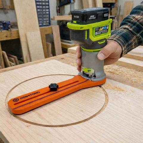 Circle Jig For Trim Routers Precise Circular Cutouts From 1.6 In To 37 In Adjustable Radius in use with Ryobi router on wood
