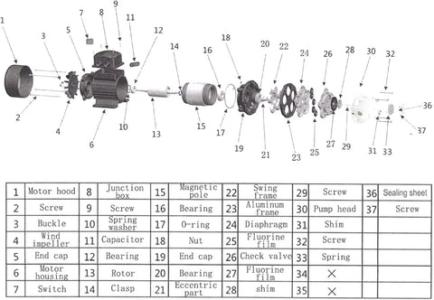 Exploded view of Diaphragm Irrigation Pump With Self Priming For Industrial Use Electric Water Pressure Booster components.