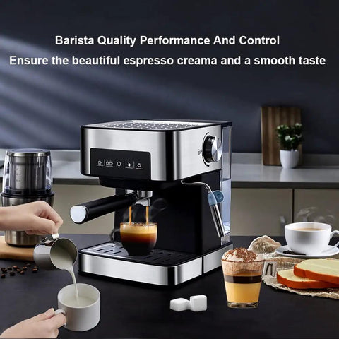 Top Shelf 20 Bar Semi Automatic Espresso Coffee Maker With Reliable Milk Frother Wand And Quick Fill Water Tank For Smooth Sipping Vibes Right On Your Kitchen Counter Daily with espresso pouring.