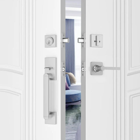 Built To Last Heavy Duty Front Door Handle Set With Single Cylinder Deadbolt And Reversible Lever Satin Nickel