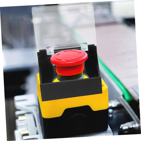 Ten Pack Button Covers For Push Switches Emergency Stop Guards Protective Plastic Covers For Industrial Machinery 16mm Button Holes Easy Install Durable Safety Shield Keeps Your Gear Protected, shown on machinery.
