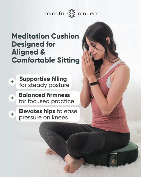 Lux Velvet Meditation Cushion For Posture Support, Large Zafu Yoga Floor Pillow With Buckwheat Hull Fill, seated woman on green cushion