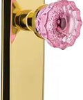 New York Plate Crystal Pink Glass Door Knob Set With Polished Brass Finish, Passage Style For Hallway Or Closet, Two And Three Quarter Inch Backset