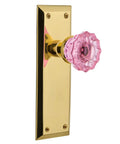 New York Plate Privacy Crystal Pink Glass Door Knob Set In Polished Brass, Privacy Locking Knob For Bathroom Or Bedroom