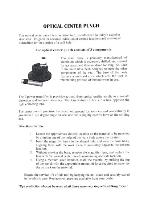 Instruction manual page showing Must-Have Optical Center Punch Set With 9X Crosshair Lens 3-Piece Precision Layout Tool details.