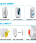 Installation and battery replacement for Wireless Pro Motion Sensor Alarm For Home Office And Store Security, showing steps and components.