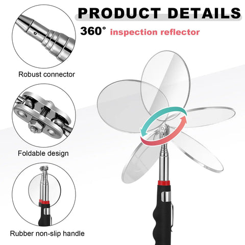 Six Piece Telescoping Inspection Mirror Set For Cars And Under Vehicle Checks showing rotating mirror and handle details