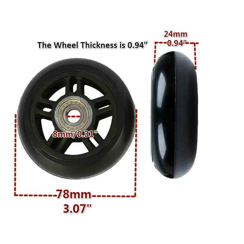 78mm Luggage Wheel Replacement With 8mm Bearings For Suitcase Inline Skates Caster Boards And Scooters, shown in profile and front view.