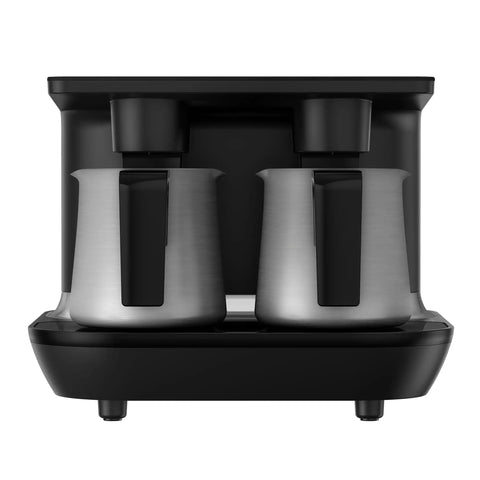 Front view of an Automatic Turkish And Greek Coffee Maker With Anti Spill Sensor, Quick Brew For Your Morning Grind, 6 Cup Capacity, matte black finish with two stainless steel pots.